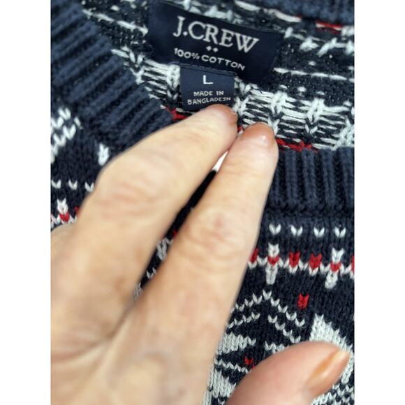 J.Crew Women L Cotton Sweater Navy Nordic Fair Isle Cabinecore Preppy Gorpcore - Picture 2 of 6